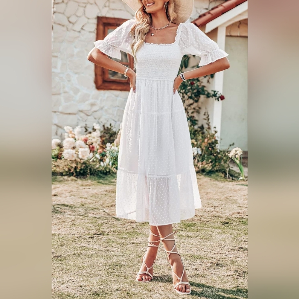 White Puff Sleeve Boho Lace Midi Dress